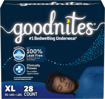 Goodnites Boys' Nighttime Bedwetting Underwear, Size Extra Large (95-140+ lbs), 28 Ct (2 Packs of 14), Packaging May Vary