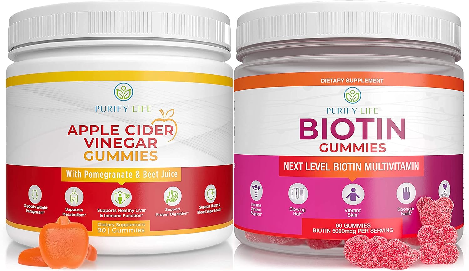 Purify Life Apple Cider Vinegar & Biotin Bundle, Gummies For Hair Skin And Nails (Bulk - 90 Chews), Gut Health & Digestion, Immune Support, Detox, Metabolism- No Capsules, Pills, Tablets Or Syrup
