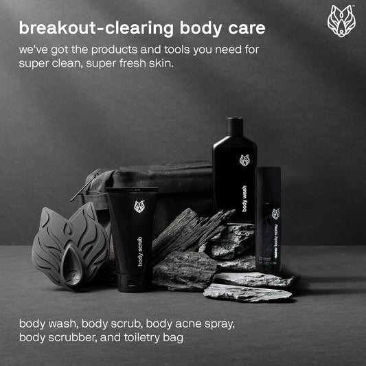 Black Wolf Skincare Gift Set for Men, Body Acne System - Charcoal Powder Body Wash, Exfoliating Body Scrub, Body Acne Spray, Scrubber, & Toiletry Bag Kit - Salicylic Acid Body Wash For All Skin Types