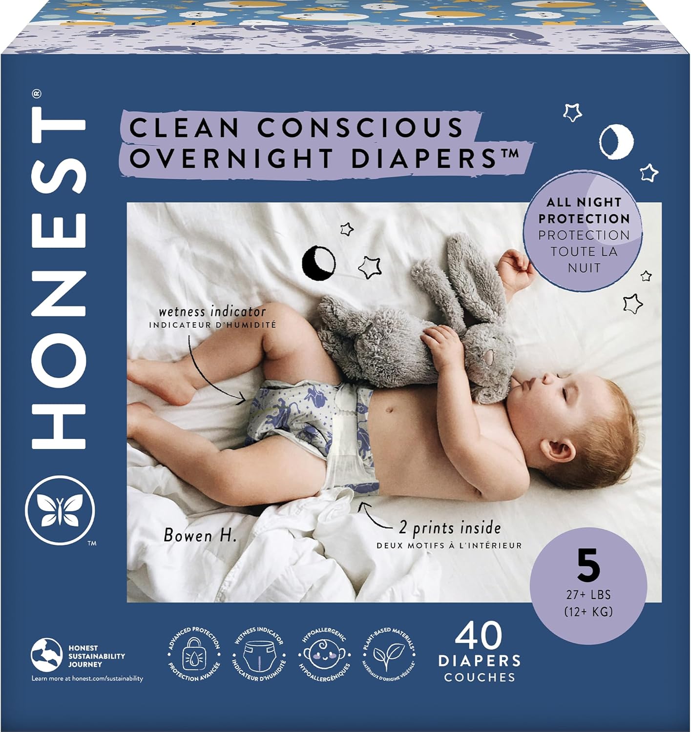 The Honest Company Clean Conscious Overnight Diapers | Plant-Based, Sustainable | Cozy Cloud + Star Signs | Club Box, Size 5 (27+ Lbs), 40 Count