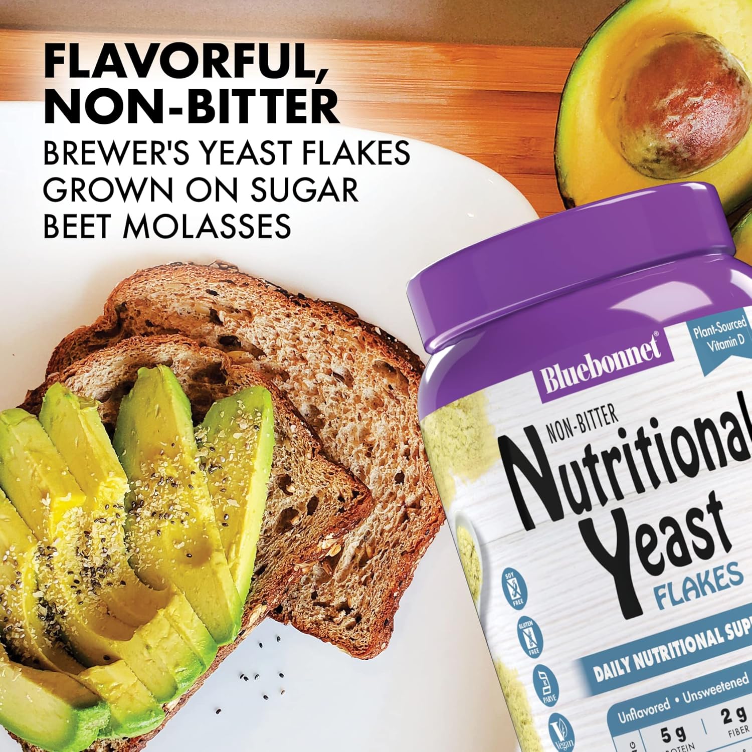 Bluebonnet Nutrition Non-Bitter Nutritional Yeast Flakes - Plant-Sourced Protein, B Vitamins & Vitamin D - Non-Gmo, Vegan, Kosher, Gluten-Free, Soy-Free - 10.58 Oz, 30 Servings : Grocery & Gourmet Food