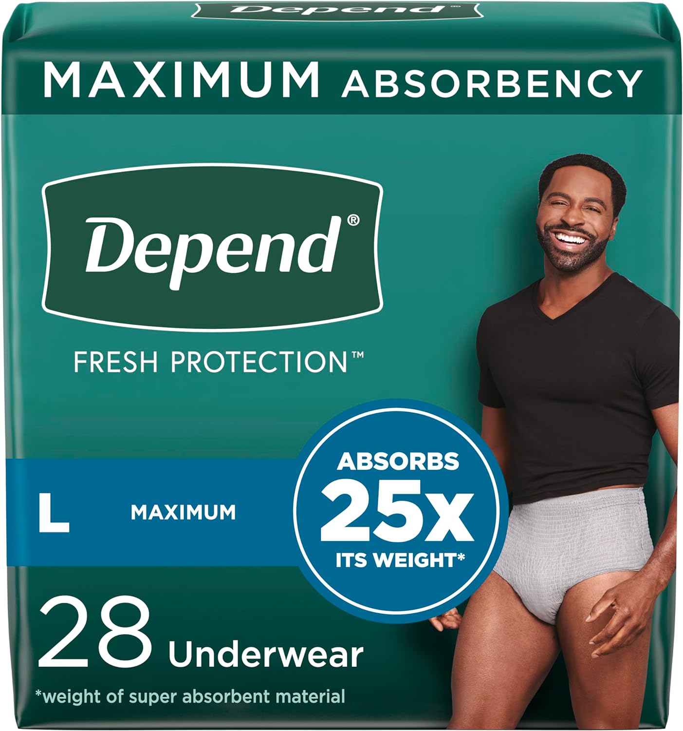 Depend Fresh Protection Adult Incontinence Underwear for Men (Formerly Depend Fit-Flex), Disposable, Maximum, Large, Grey, 28 Count, Packaging May Vary