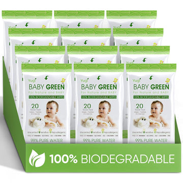 Baby Green Wipes Unscented Compostable Organic Biodegradable – Travel Pack (12 Packs Of 20) 240 For Sensitive Skin