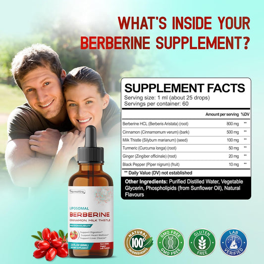 Liposomal Berberine With Cinnamon & Milk Thistle – Advanced Formula – Supports Digestion, Heart Wellness & Liver Cleanse* – 2.0 Fl. Oz (60Ml) – Made In The Usa