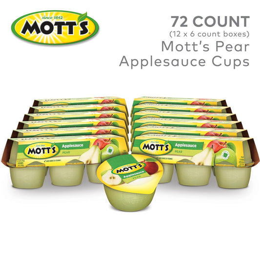 Mott'S Pear Applesauce, 4 Oz Cups, 72 Count (12 Packs Of 6), No Artificial Flavors, Good Source Of Vitamin C, Nutritious Option For The Whole Family