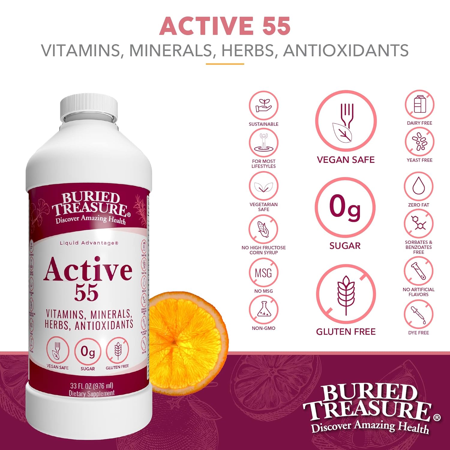 Buried Treasure Active 55 Plus Daily Vitamins Minerals Antioxidants and Herbal Blend for Active Adults 32 oz : Health & Household