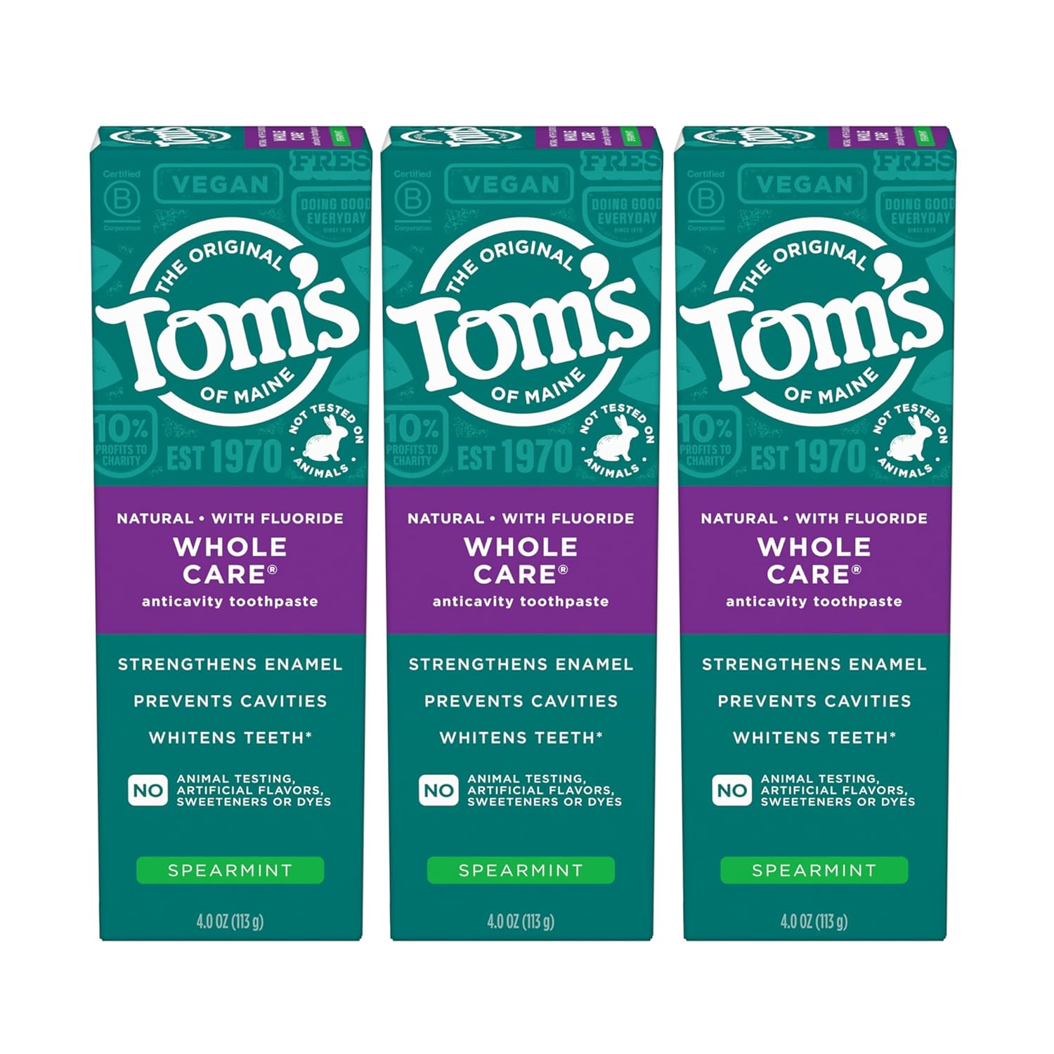 Tom'S Of Maine Whole Care Natural Toothpaste With Fluoride, Spearmint, 4 Ounce (Pack Of 3), (Packaging May Vary)