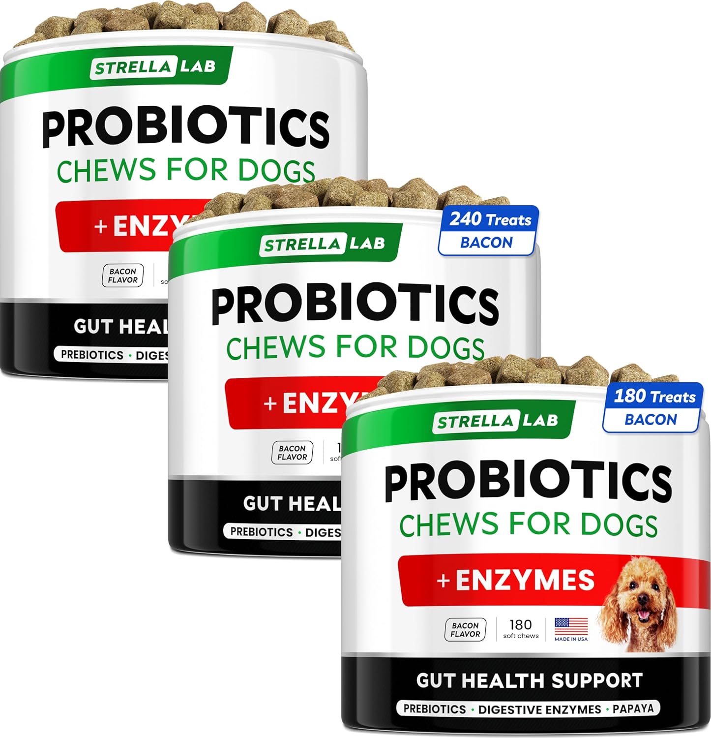 Strellalab Dog Probiotics Treats Bundle - Digestive Enzymes + Prebiotics - Chewable Fiber Supplement - Allergy, Diarrhea, Gas, Constipation, Upset Stomach Relief - Improve Digestion&Immunity