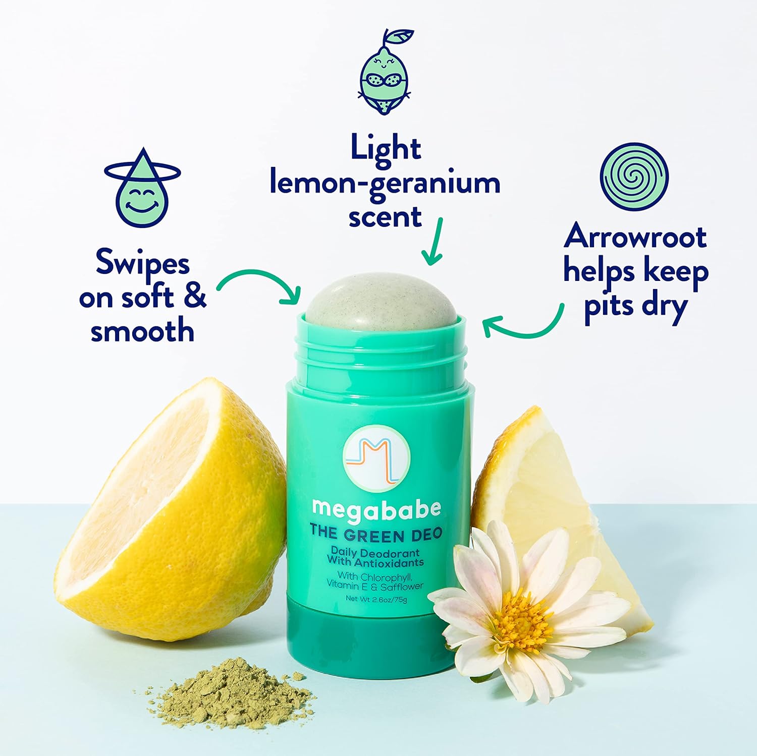 Megababe Daily Deodorant - The Green Deo With Anti-Antioxidants | Aluminum-Free, Solid, All Natural | Geranium & Lemon | Free From Parabens, Sulfates & Phthalates | 2.6 Oz : Beauty & Personal Care