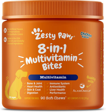 Zesty Paws Multivitamin Treats For Dogs - Glucosamine Chondroitin For Joint Support + Digestive Enzymes & Probiotics - Grain Free Dog Vitamin For Skin & Coat + Immune Health - Chicken Flavor - 90Ct