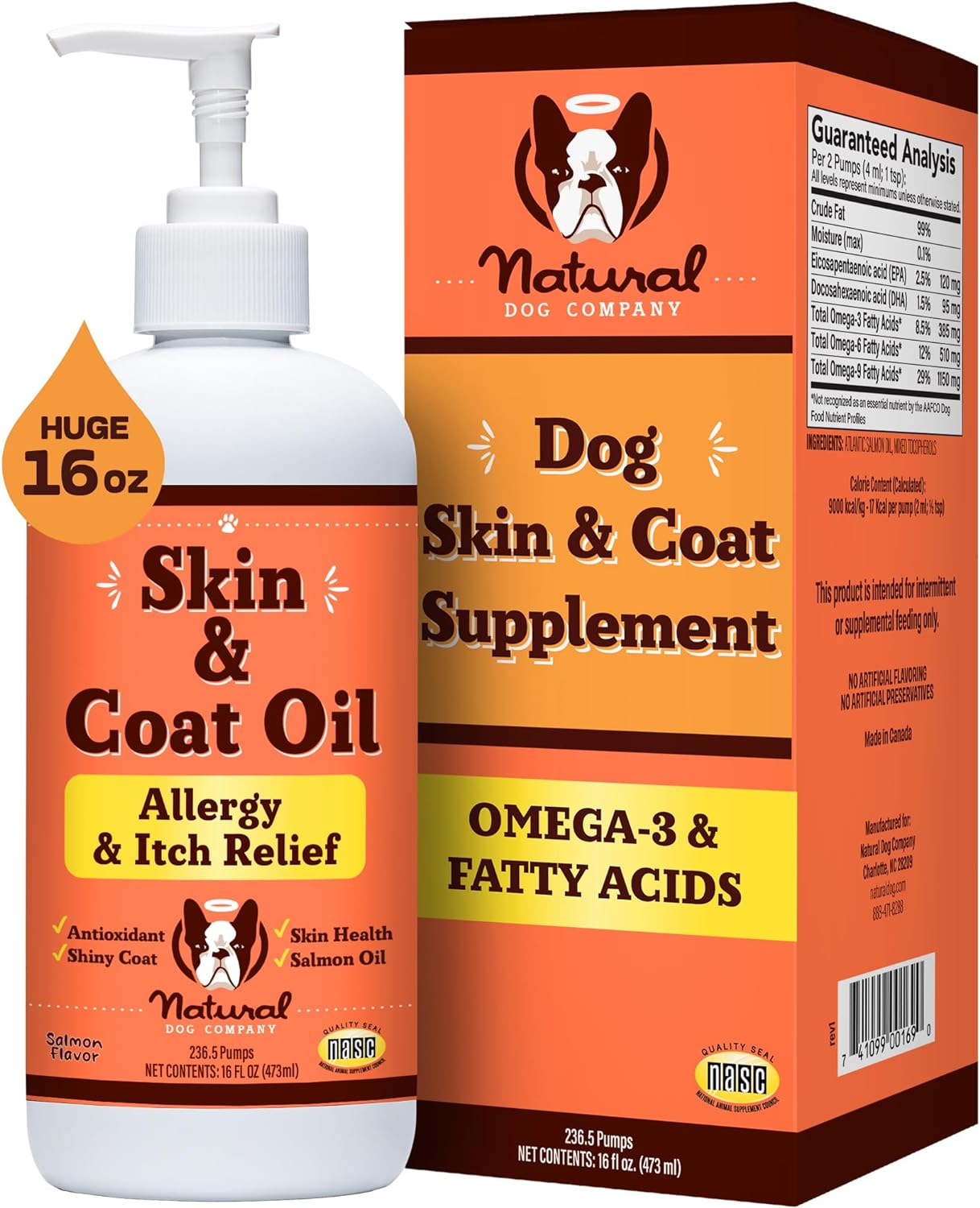 Natural Dog Company Skin & Coat Oil (16 oz.), Supports Skin Health, Fish Oil Supplements for Dogs, Soft Coat, Salmon Oil & Flaxseed Oil, Fatty Acids, Bottle of Dog Fish Oil with Pump, Antioxidant