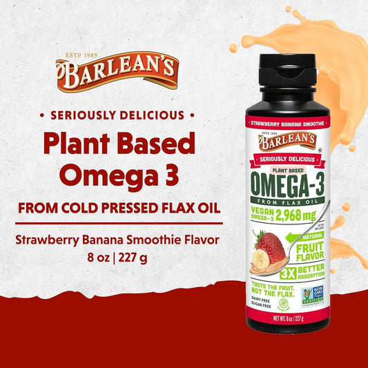 Barlean's Strawberry Banana Flaxseed Oil Liquid, Vegan Omega 3 6 9 Supplements for Kids & Adults from Cold Pressed Flax Seed Oil with 2,968 mg of Vegan Omegas, Non-GMO & Gluten Free, 8 oz