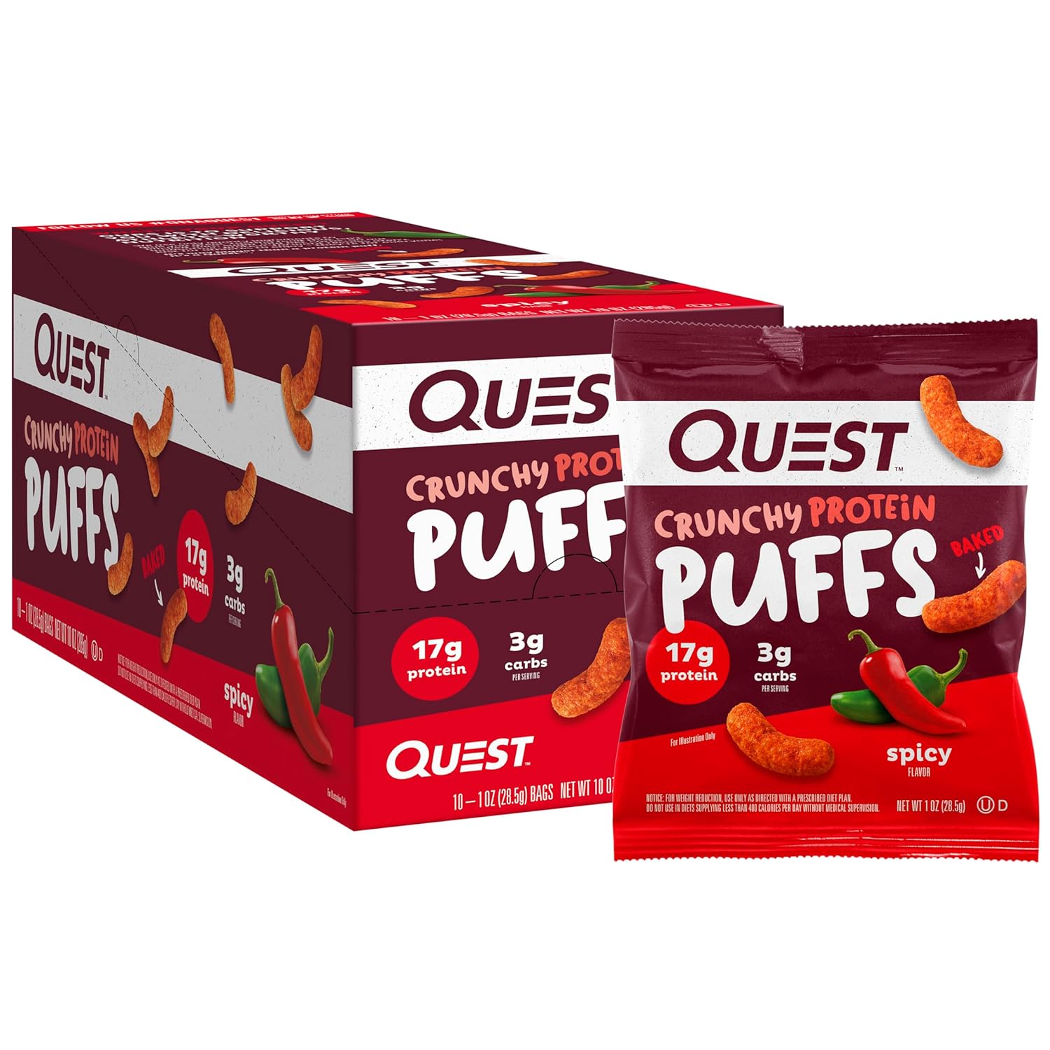 Quest Nutrition Crunchy Protein Puffs, Spicy, 17G Protein, 3G Carbs, Gluten Free, Baked, 10 Count