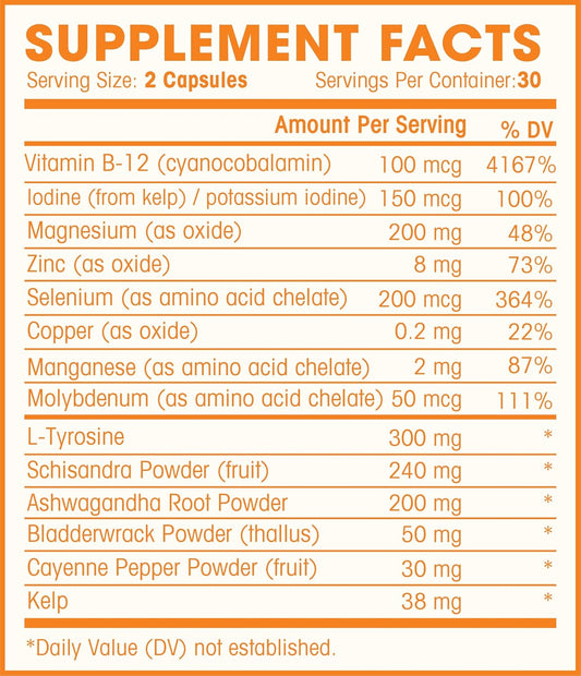 Thyroid Support Complex With Iodine For Energy Levels, Weight Loss, Metabolism, Fatigue & Brain Function - Natural Health Supplement Formula: L-Tyrosine, Selenium, Kelp, Bladderwrack, Ashwagandha, Etc