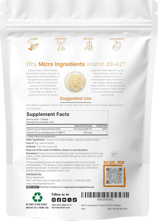 Micro Ingredients Vitamin D3 5000 Iu Plus K2 (Mk-7) 100 Mcg, 300 Virgin Coconut Oil Softgels | 2 In 1 Vitamins D & K Complex | Supports Calcium Absorption, Bone, Immune, & Heart Health