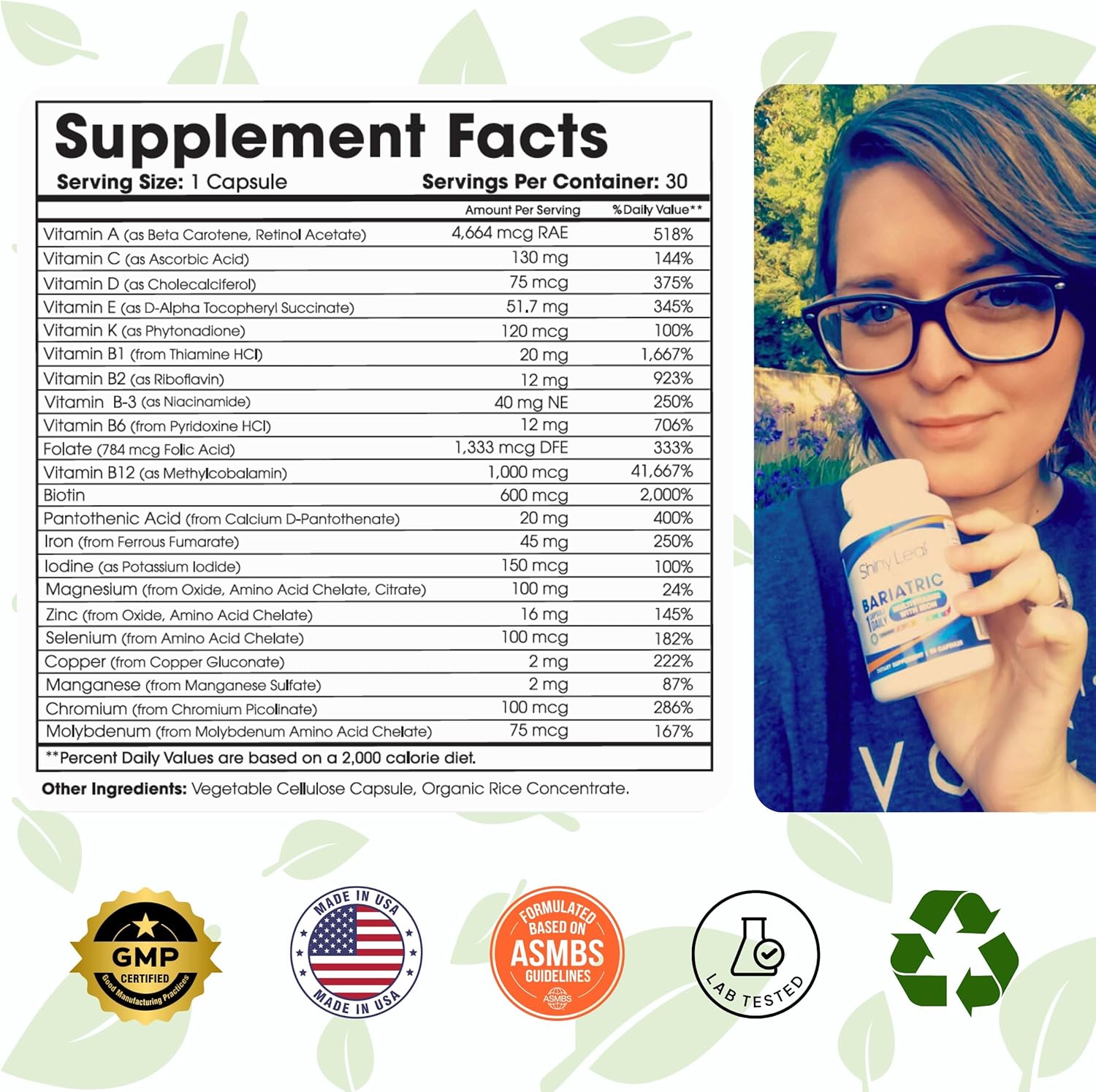 Shiny Leaf Bariatric Multivitamin With Iron - 45 Mg For Gastric Bypass, Sleeve Gastrectomy, Roux-En-Y, Duodenal Switch - 22 Vitamins & Minerals, Asmbs Compliant, Vegetarian, Made In Usa, Gmp, 30 Ct