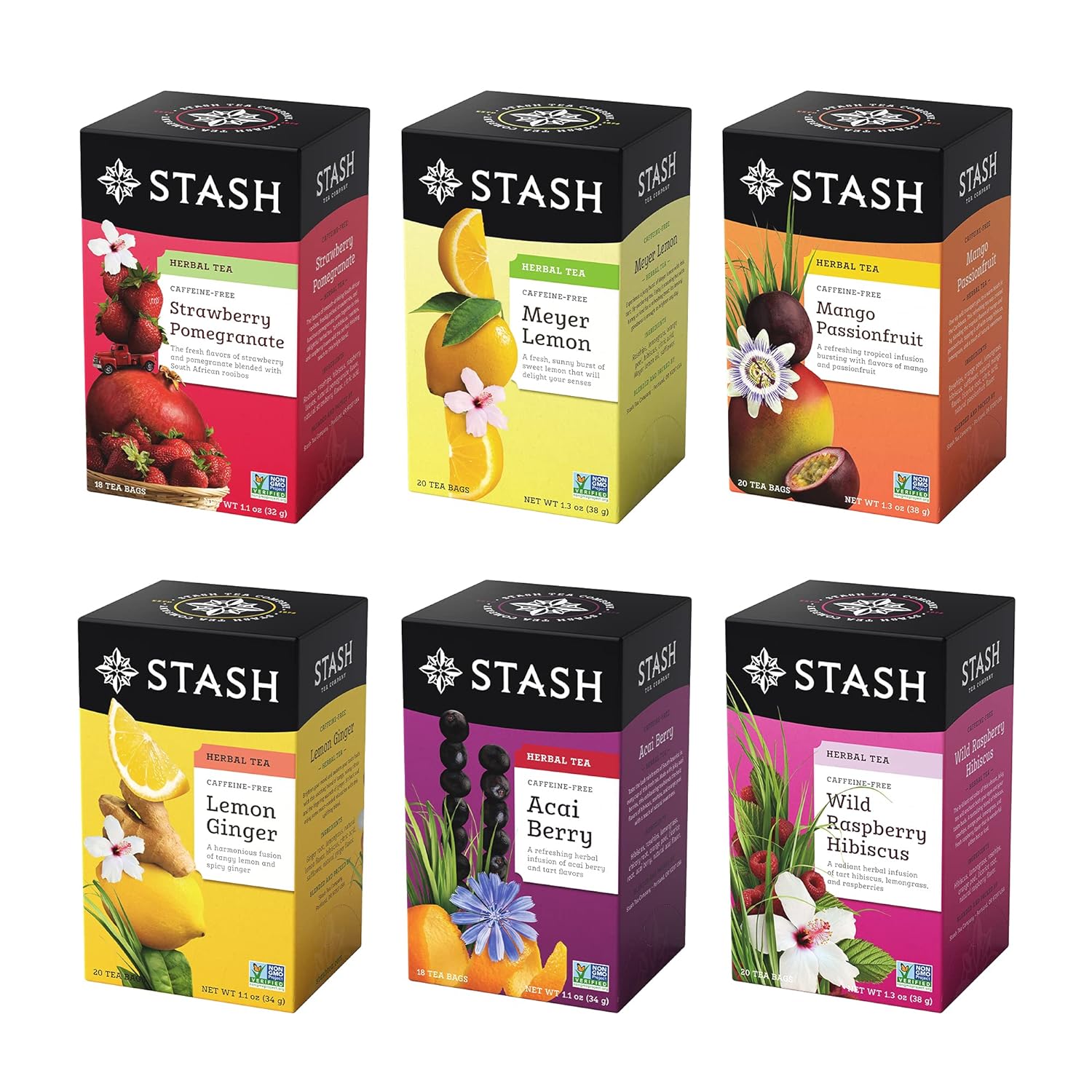 Stash Tea Fruity Herbal Tea 6 Flavor Tea Sampler, 6 Boxes With 18-20 Tea Bags Each