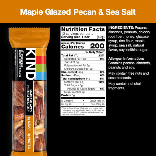 Kind Bars, Maple Glazed Pecan & Sea Salt, Healthy Snacks, Gluten Free, Low Sugar, 12 Count