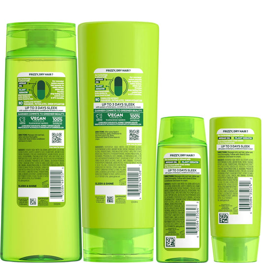 Garnier Fructis Sleek & Shine Full + Travel Size Shampoo (12.5 & 3 Fl Oz) + Conditioner (12 & 3 Fl Oz) Set For Frizzy, Dry Hair, Plant Keratin + Argan Oil (4 Items), 1 Kit (Packaging May Vary)