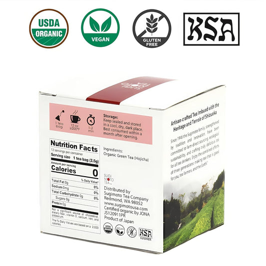 Sugimoto Tea Japanese Organic Hojicha Roasted Green Tea Bags 12 Count Pack Of 1