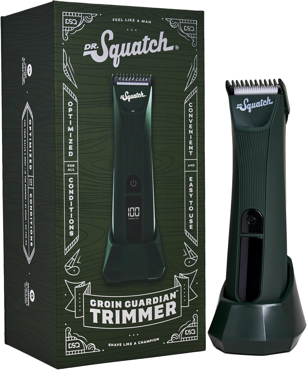 Dr. Squatch Groin Guardian Electric Trimmer With Squatch-Shield Technology For Groin & Body Hair, Cordless With Built-In Led Light, Green