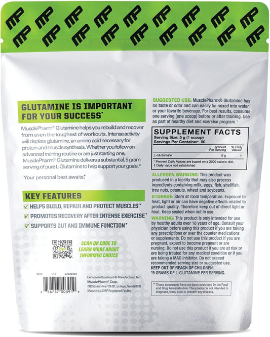 MusclePharm Essentials Glutamine, Pure L-Glutamine Powder Supplement for Post Workout Muscle Recovery, Energy & Gut Health, 5g L Glutamine Powder per Serving, Gluten-Free, Unflavored, 60 Servings