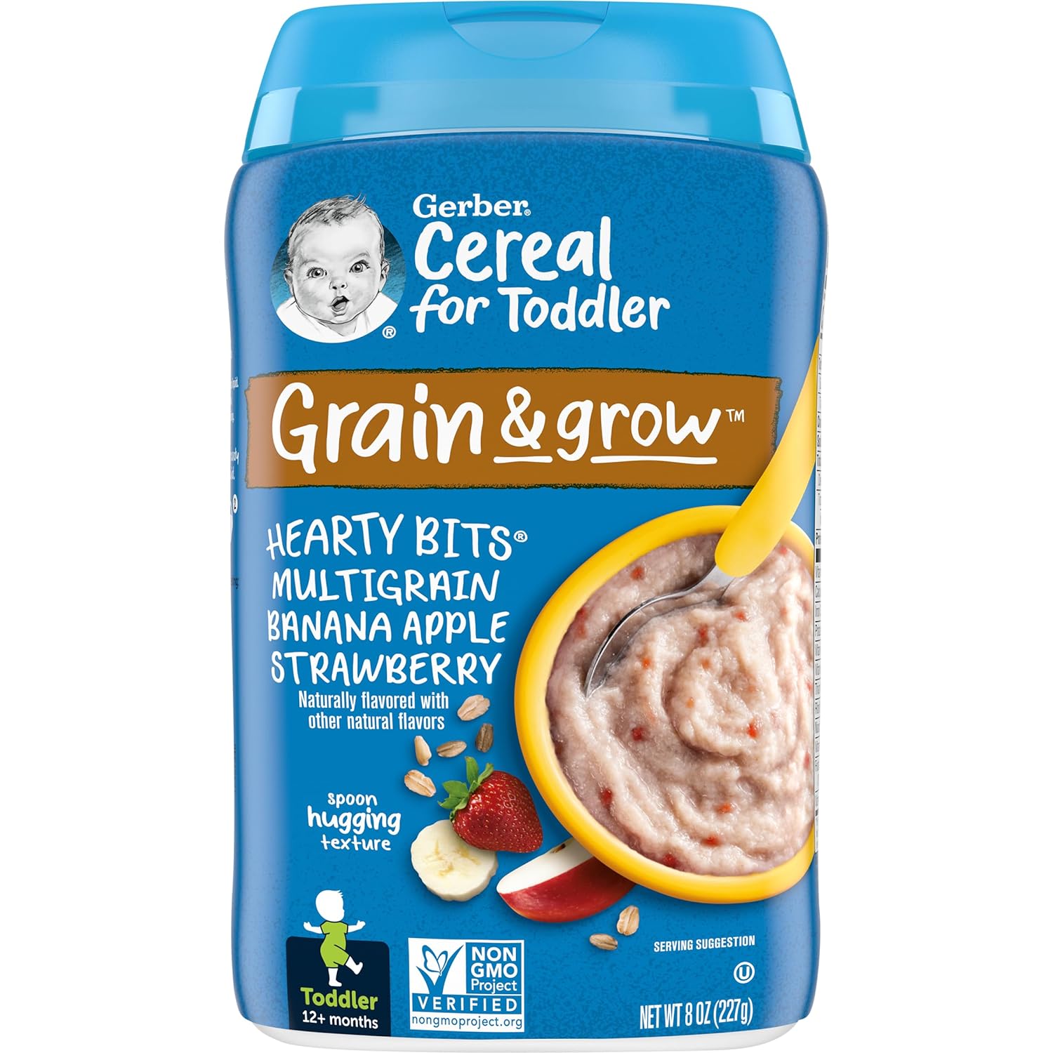 Gerber Cereal for Toddler Grain and Grow, Hearty Bits Multigrain Baby Cereal, Banana Apple Strawberry, 8 oz Canister (6 Pack)