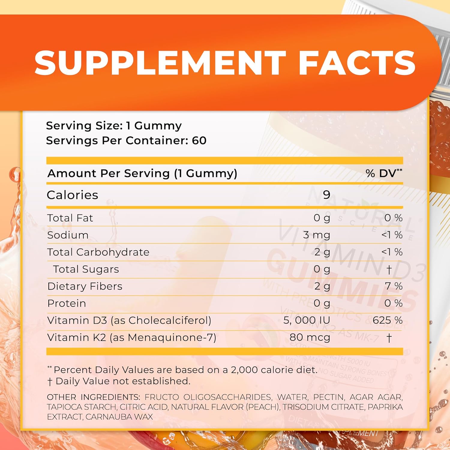 Sugar Free Vitamin D3 K2 Gummies - Vitamin D3 Gummies 5000 Iu+K2 Mk7 80 Mcg, K2 D3 Vitamin Supplement Adults, Vitamin D K2 For Bones, Immune, Heart, Mood, Gluten-Free, Non-Gmo, Natural Peach Flavor : Health & Household