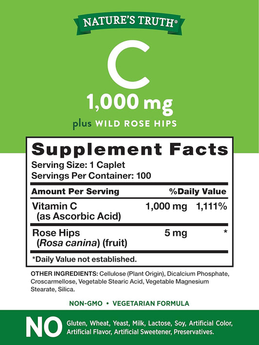 Vitamin C With Rose Hips 1000 Mg | 110 Caplets Vegetarian, Non-Gmo, Gluten Free | By Nature'S Truth