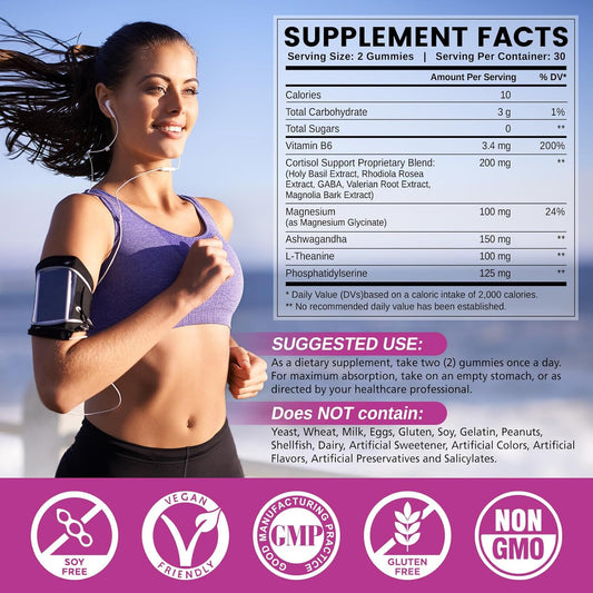 Cortisol Gummies For Women, Sugar-Free Lower Cortisol Supplement With Ashwagandha, Magnesium, L-Theanine, Phosphatidylserine, Vitamin B6 For Relaxation, Sleep, Focus, Vegan, 60