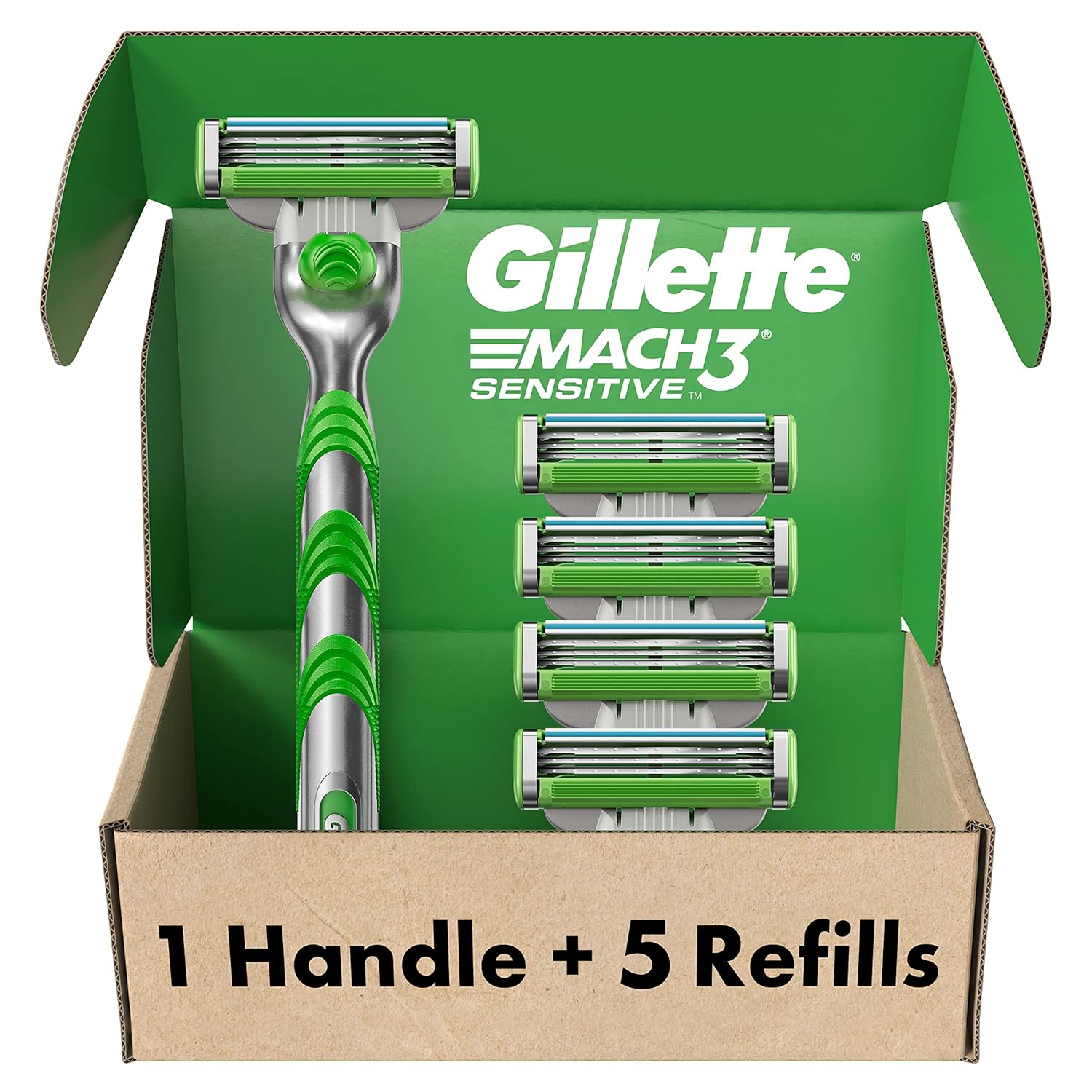 Gillette Mach3 Sensitive Razors For Men, 1 Handle, 5 Blade Refills, Designed For Sensitive Skin