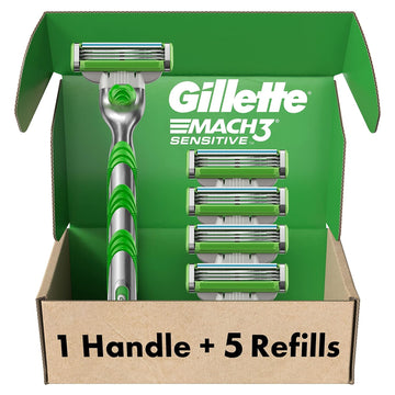 Gillette Mach3 Sensitive Razors For Men, 1 Handle, 5 Blade Refills, Designed For Sensitive Skin