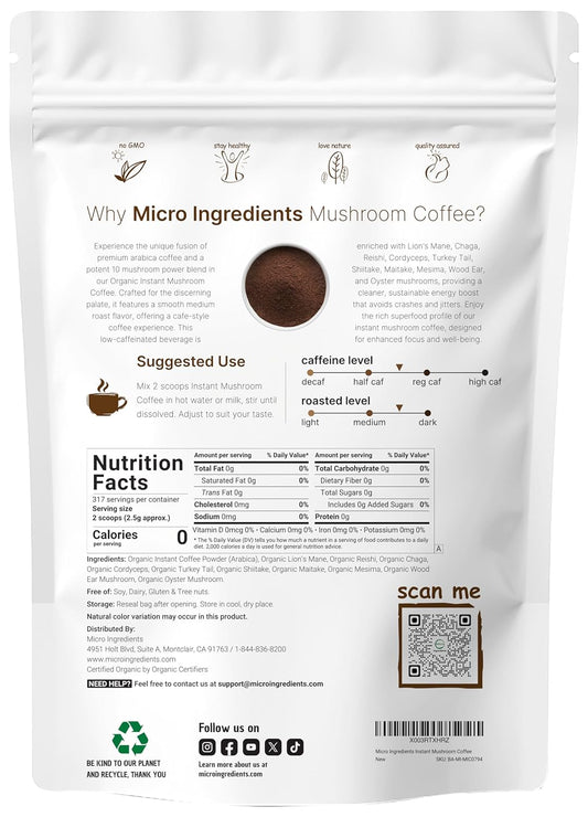 Organic Instant 10 In 1 Mushroom Coffee Powder, 28 Ounce (317 Servings)| Premium Arabica Coffee With Lion’S Mane, Chaga, Reishi,& More| Immune Support