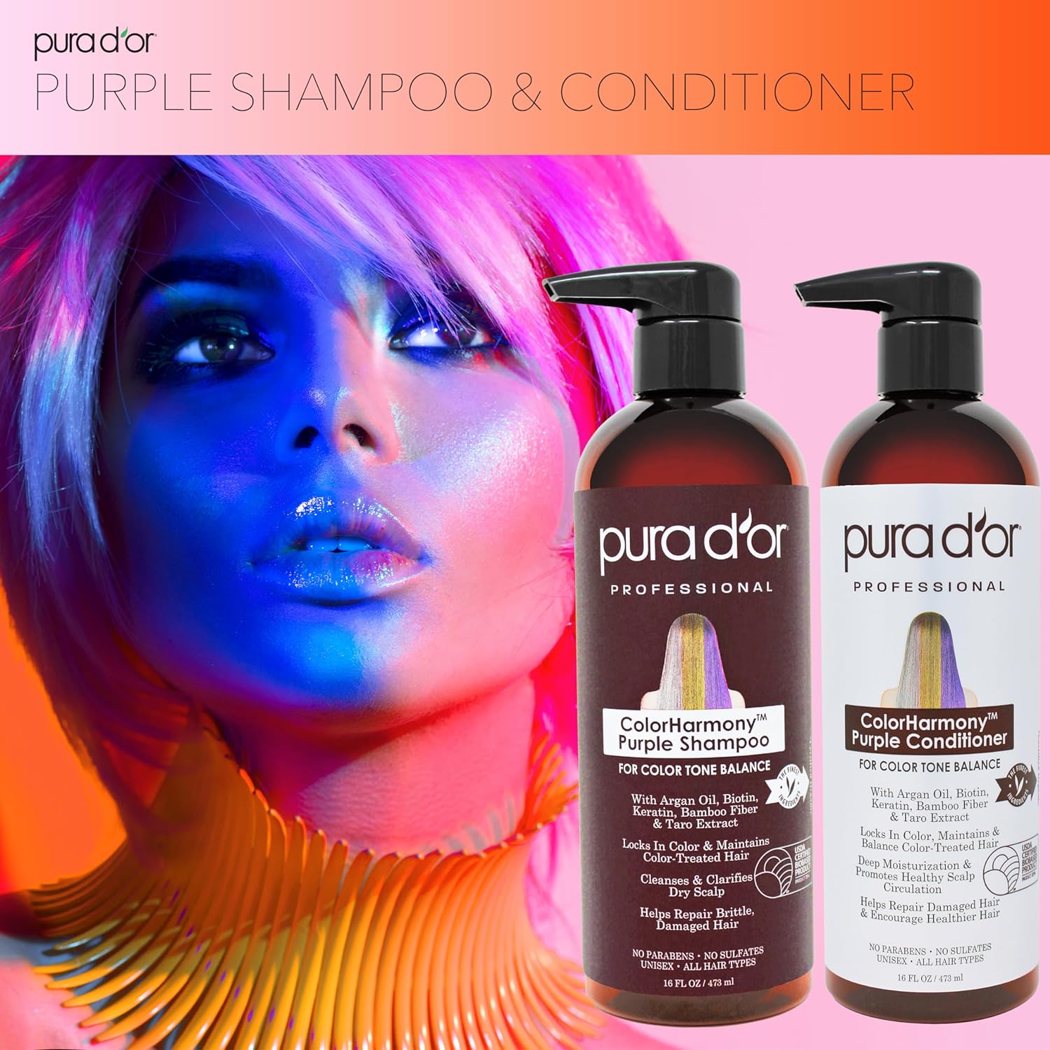 PURA D'OR Purple Shampoo & Conditioner (16oz x 2) ColorHarmony Biotin Set For Bleached, Blonde, Silver & Color Treated Hair - Keratin, Bamboo Fiber, No Sulfates - Men & Women : Beauty & Personal Care