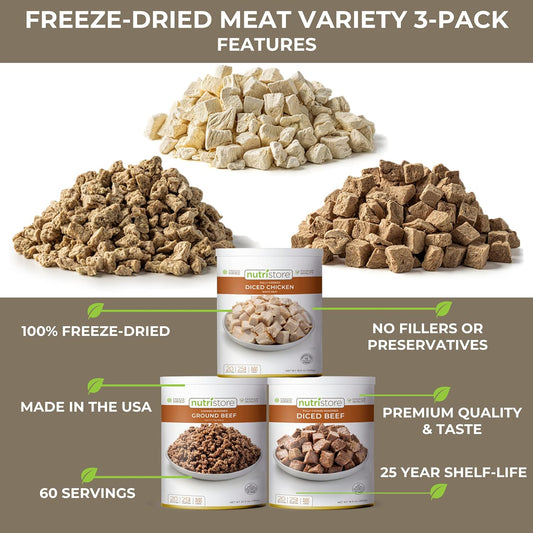 Nutristore Freeze Dried Beef Dices | Pre-Cooked Meat for Backpacking, Camping, Meal Prep | Long Term Survival Emergency Food Supply | 25 Year Shelf Life | Bulk #10 Can | Made in USA (Variety 3-Pack)