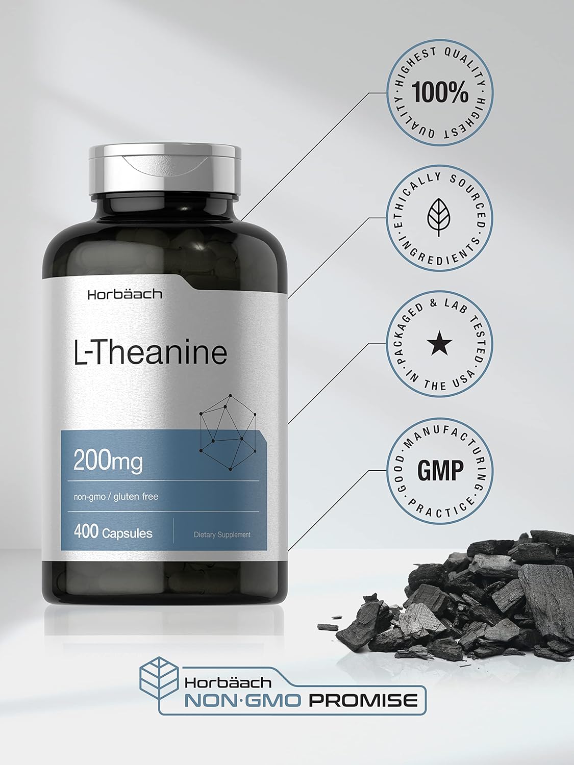 Horbäach L Theanine 200mg | 400 Capsules | Value Size | Non-GMO, Gluten Free Supplement : Health & Household