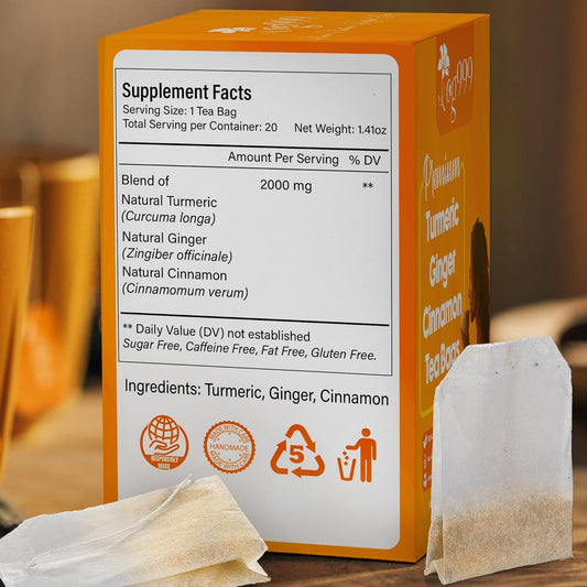 Tog999, Premium 20 Tea Bags Turmeric, Ginger, Cinnamon, 100% Natural, Hand-Made Blend Of Turmeric, Ginger, And Cinnamon Herbal Tea. Eco-Conscious Tea Bags. No Sugar, No Caffeine, No Gluten, Vegan