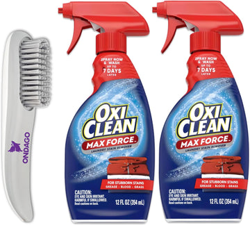 OxiClean Max Force Laundry Stain Remover Spray, 12 Oz (Pack 2), Bundled with Laundry Brush for Scrubbing Out Tough Stains