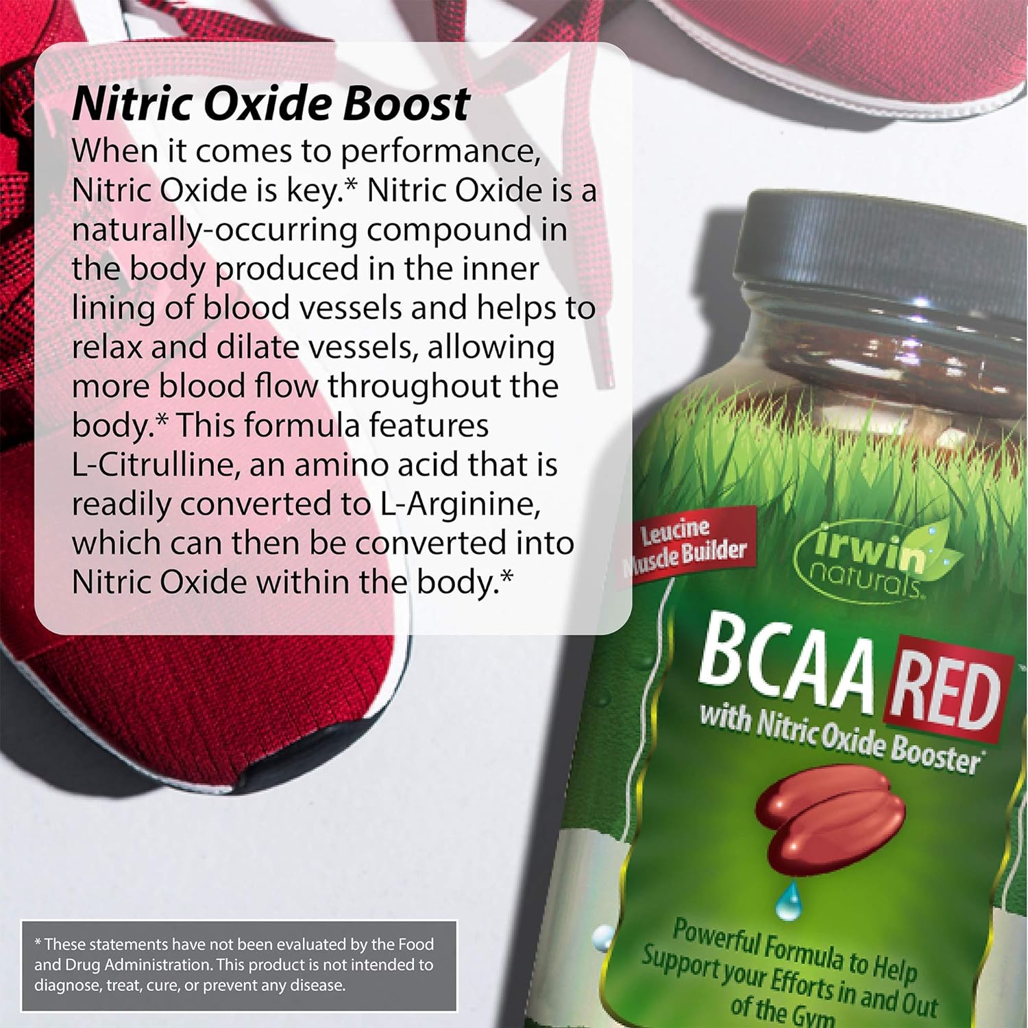 Irwin Naturals BCAA Red with Nitric Oxide Booster 2:1:1 Maximum Performance Amino Acids - Targeted Nutrition for Pre-Workout + Post-Workout Muscle Recovery Support - 72 Liquid Softgels