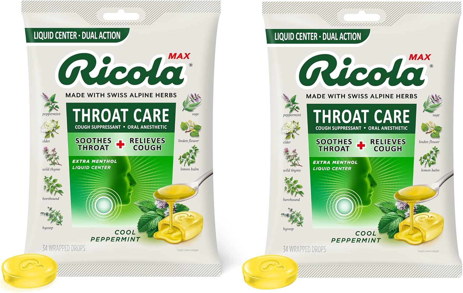 Ricola Max Throat Care Cool Peppermint Large Bags | Cough Suppressant Drops | Dual Action Liq Center | Soothing Long-Lasting Relief - 34 Count (Pack of 2)