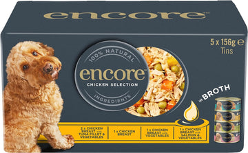 Encore 100 Percent Natural Adult Wet Dog Food, Chicken and Fish Selection Multipack in Broth 156g Tin (5 x 156g Tins)?107780203