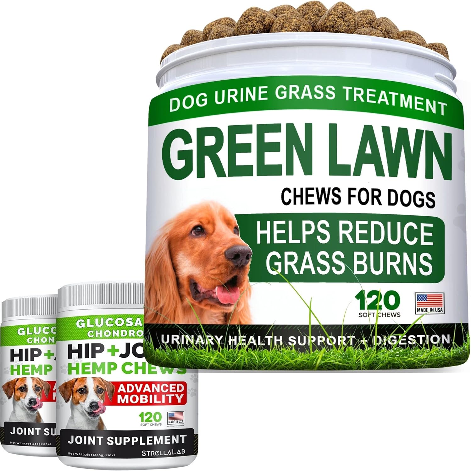 Grass Burn Spot Chews + Hemp Oil + Glucosamine For Dogs Bundle - Dog Urine Neutralizer For Lawn + Hip & Joint Care - Dl-Methionine+Enzymes + Omega 3, Chondroitin, Msm - 120 + 240 Chews - Made In Usa