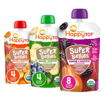 Happy Tot Organics Stage 4 Baby Food Pouches, Gluten Free, Vegan Snack, Super Bellies, Fruit & Veggie Puree, Variety Pack, 4 Ounce (Pack of 16)