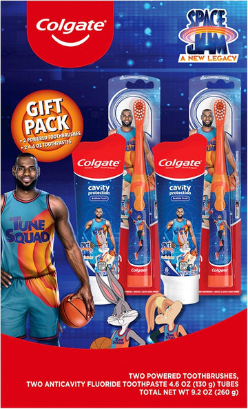 Colgate Kids Toothbrush With Toothpaste, Space Jam Gift Set, 2 Battery Toothbrushes And Toothpastes