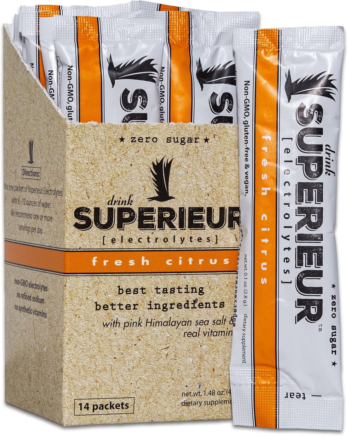 Superieur Electrolyte Powder Packets - Vegan Electrolyte Hydration Powder W/Sea Minerals - Keto Friendly, Non-Gmo, Zero Sugar Electrolyte Supplement - Healthy Sports Drink - Citrus (14 Packets)