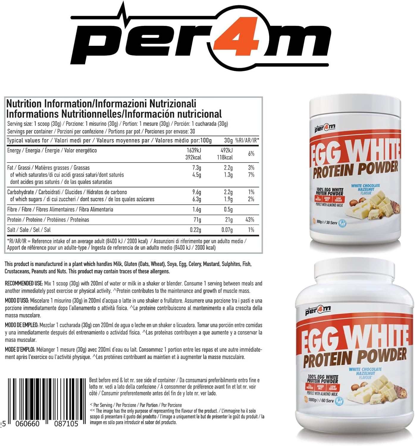 Per4m 100% Pure Free Range Egg White Protein Powder | 30 Servings High Protein Shake with Added MCT | Gut Friendly and Lactose-Free | with Essential Amino Acids (900g, White Chocolate Hazelnut) : Amazon.co.uk: Health & Personal Care