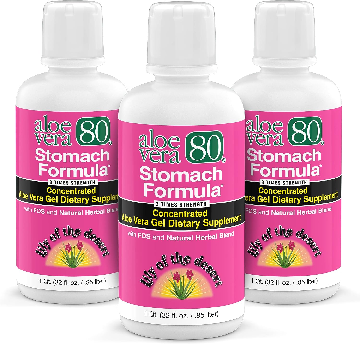 Lily Of The Desert Stomach Formula, Aloe Vera 80 Gel - Concentrated Aloe Vera Juice with Slippery Elm, Chamomile, Peppermint, and Ginger for Gut Health, Heartburn, Acid Reflux, 32 Oz (Pack of 3)