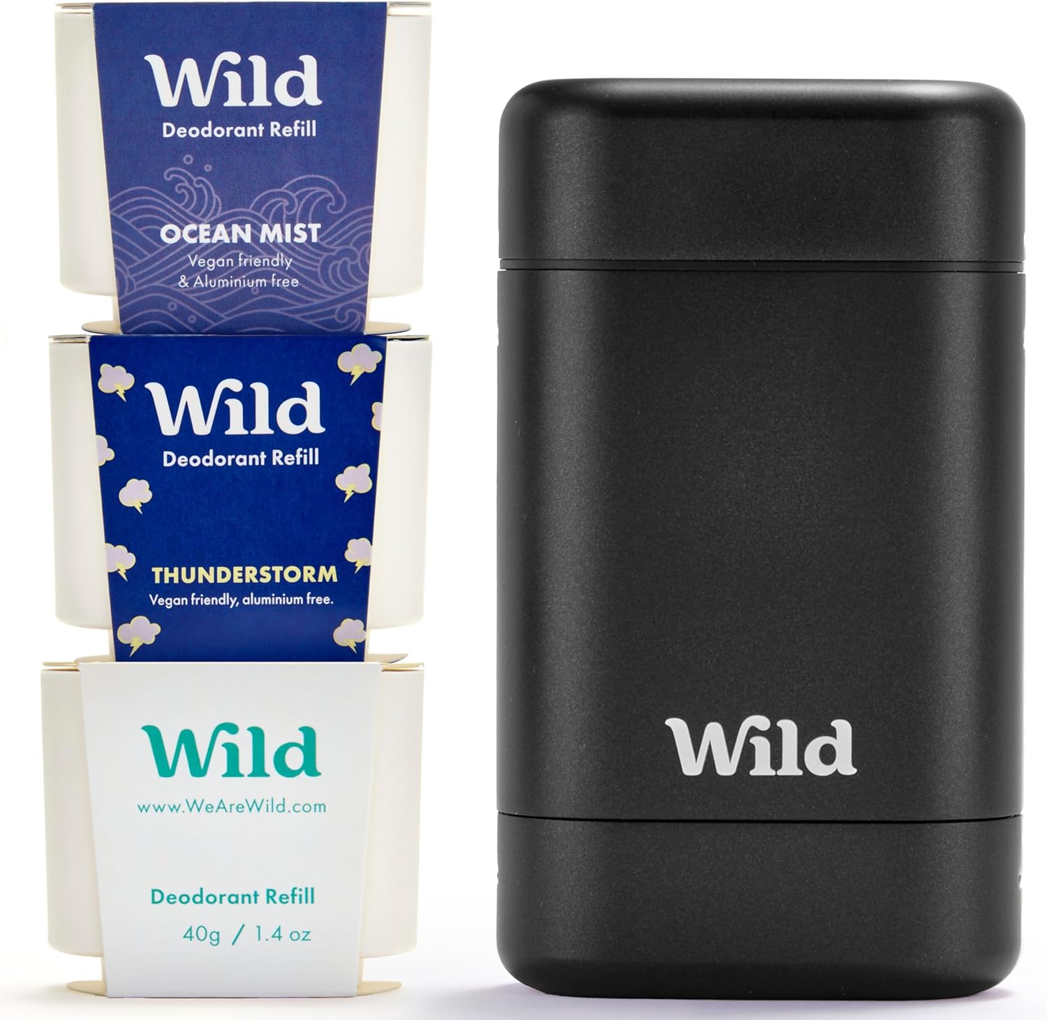 Wild - Mens Natural Refillable Deodorant Starter Kit - Black Case With Fresh Cotton & Sea Salt, Ocean Mist & Thunderstorm Scents - Long Lasting Protection - Aluminium Free - Vegan & Eco-Friendly