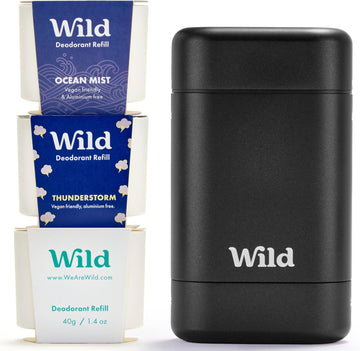Wild - Mens Natural Refillable Deodorant Starter Kit - Black Case With Fresh Cotton & Sea Salt, Ocean Mist & Thunderstorm Scents - Long Lasting Protection - Aluminium Free - Vegan & Eco-Friendly