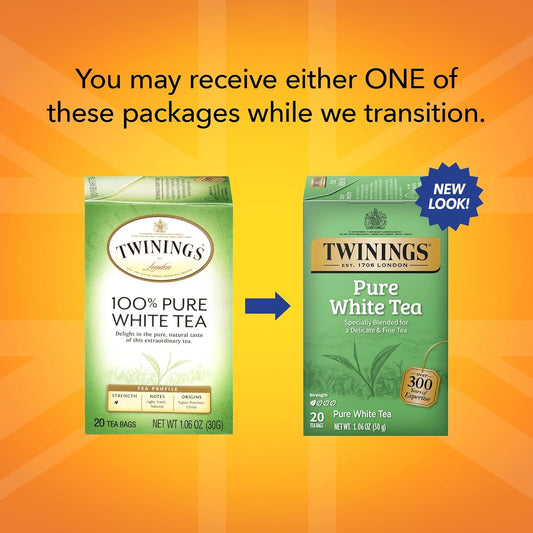 Twinings Pure White Tea Individually Wrapped Bags, 20 Count (Pack Of 6), Light & Fresh, Caffeinated, Enjoy Hot Or Iced | Packaging May Vary